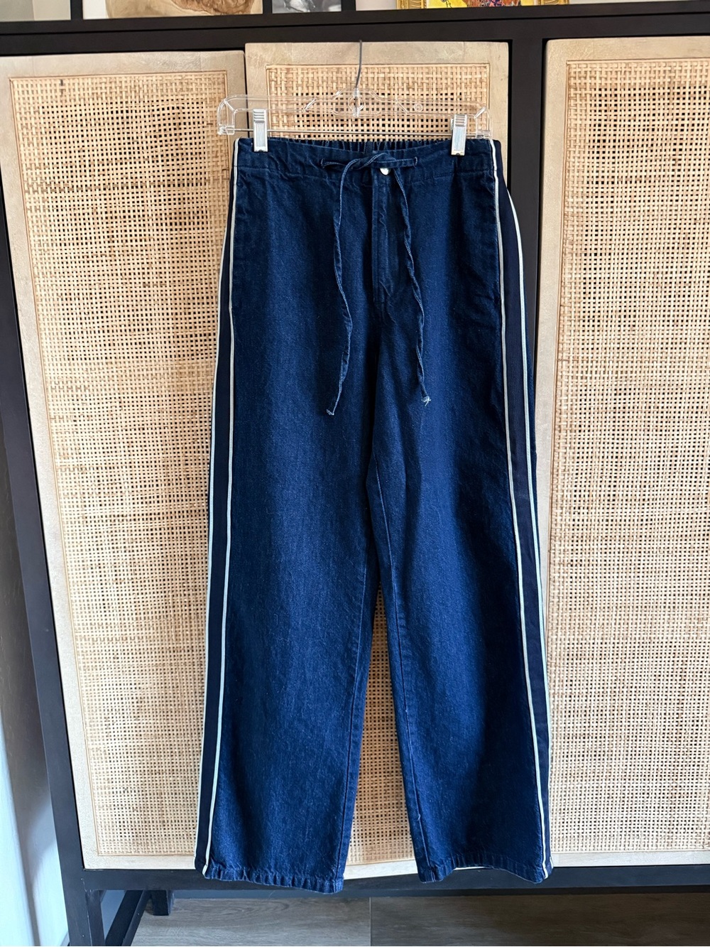 Zara Dark Blue Wide-Leg Denim Track Pants with White Side Stripes